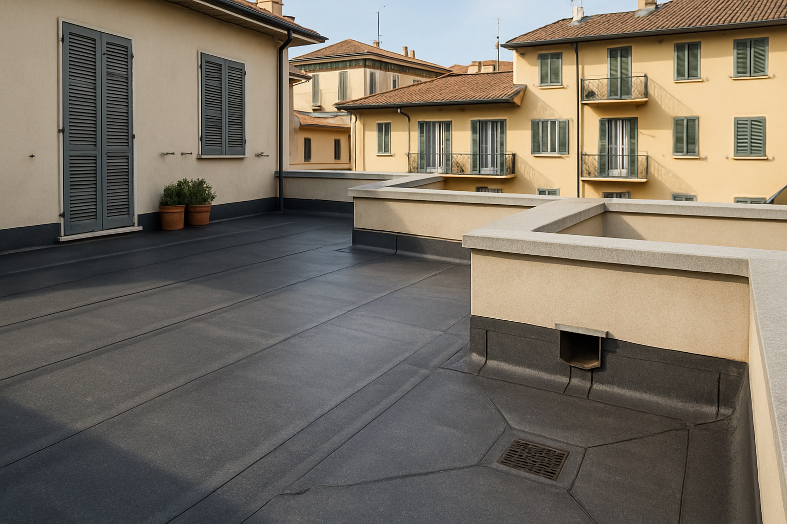 Terrazzo condominiale con problemi di impermeabilizzazione causa infiltrazioni