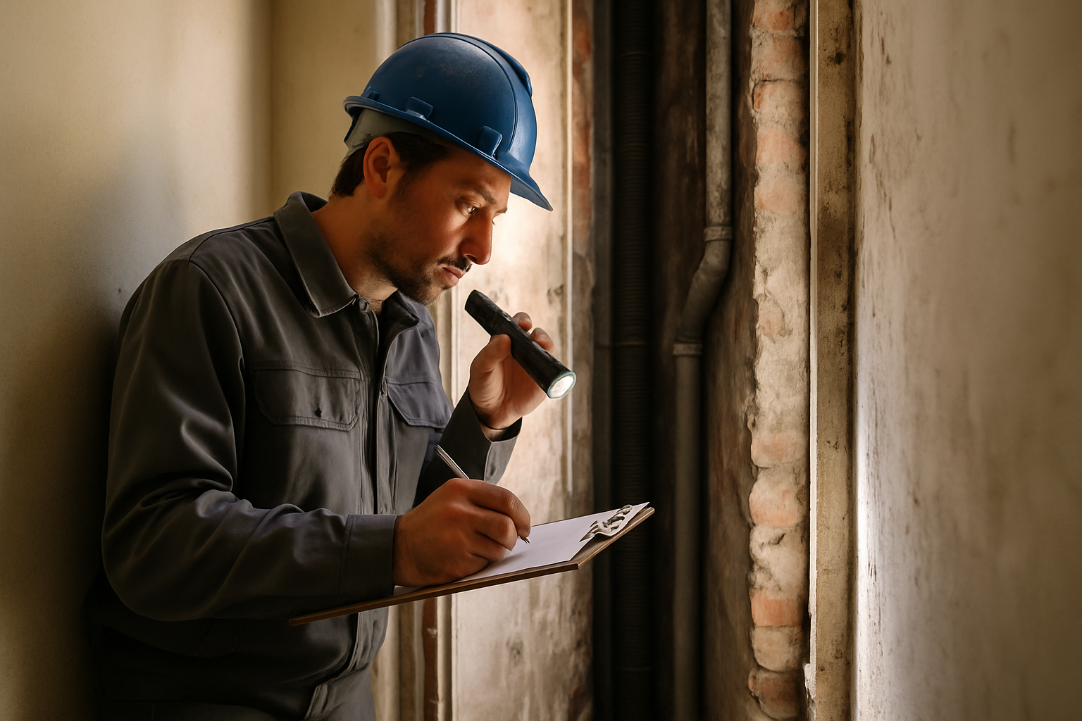 Tecnico che ispeziona un'intercapedine in un condominio italiano