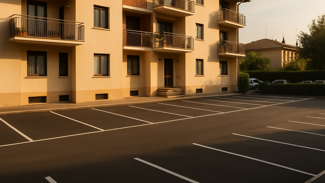 Parcheggio condominiale con posti auto segnalati in un condominio italiano