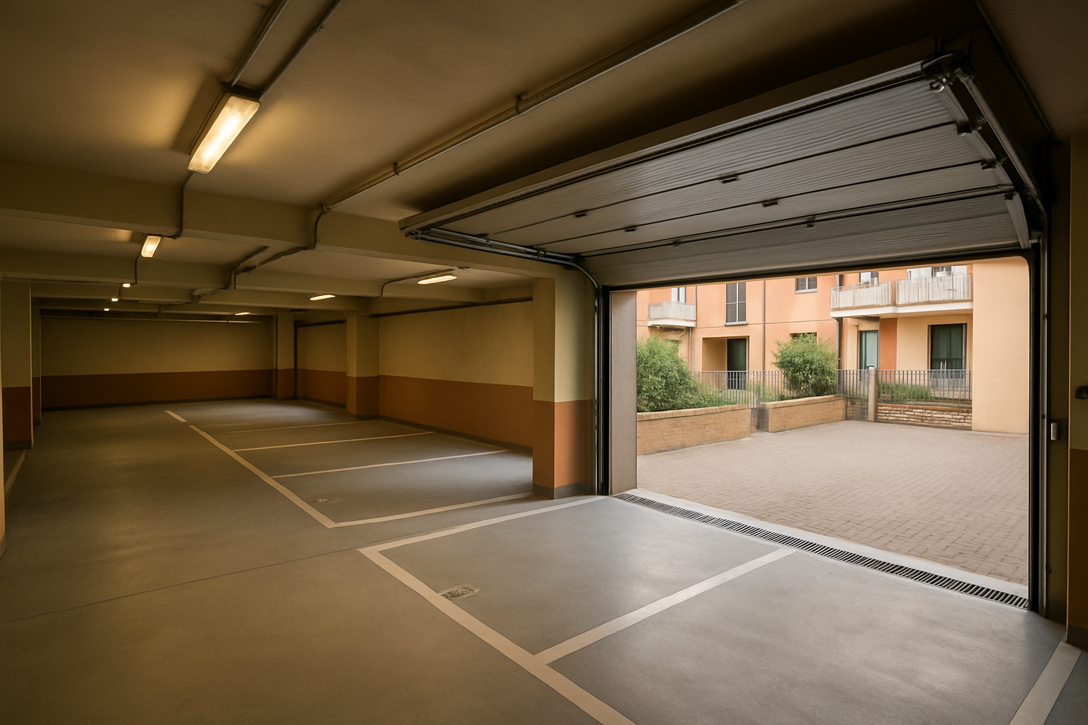 Garage condominiale sotterraneo con cancello automatico e posti auto assegnati