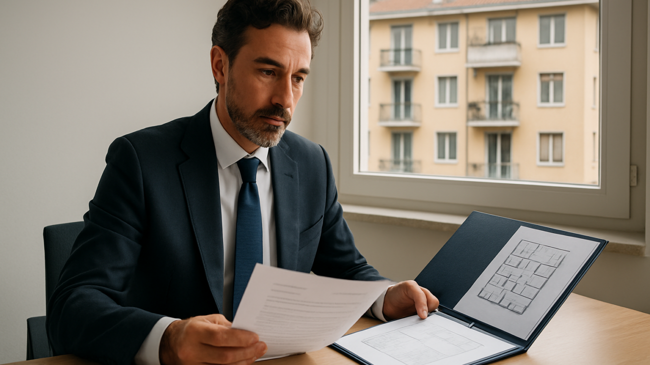 Amministratore di condominio che esamina documenti ufficiali in ufficio professionale