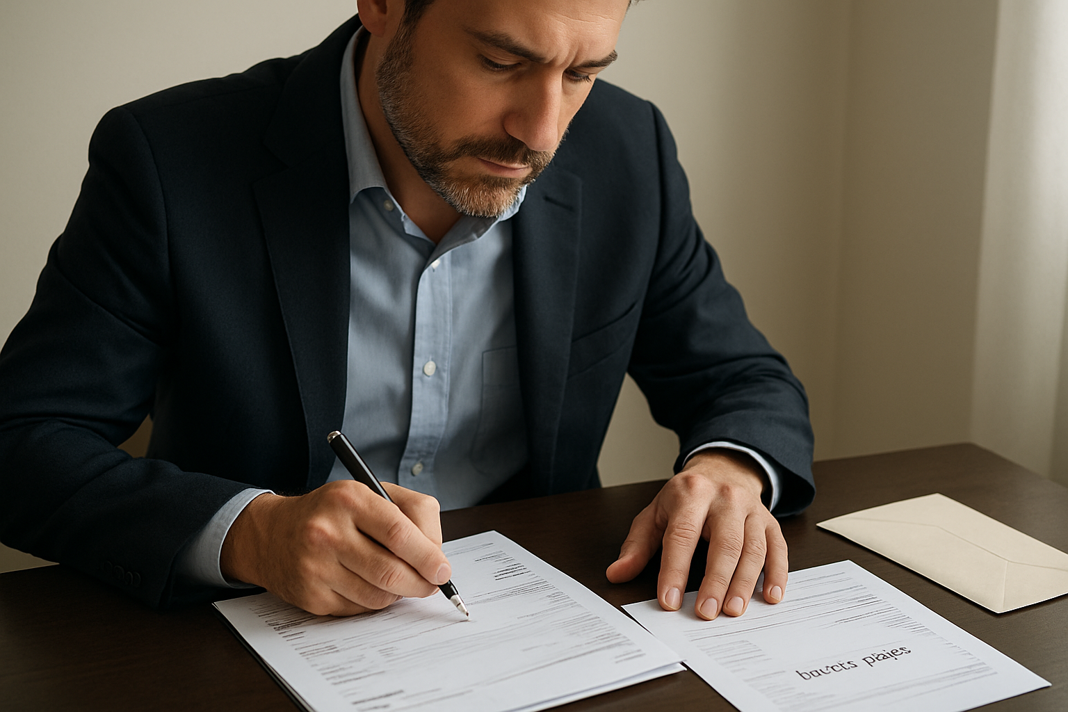 Condomino che esamina documenti e fatture per richiedere il rimborso di spese condominiali