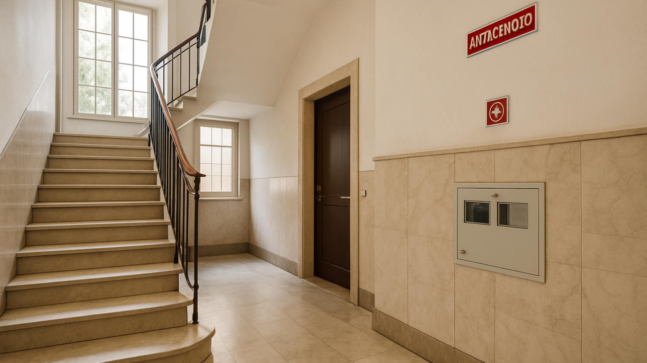 Ingresso e scale condominiali di un edificio italiano sicuro e ben mantenuto