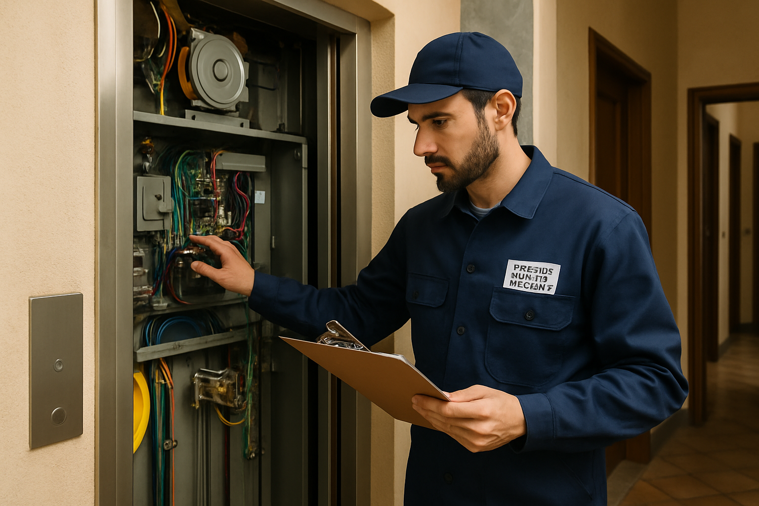 Tecnico durante la verifica periodica dell'ascensore condominiale