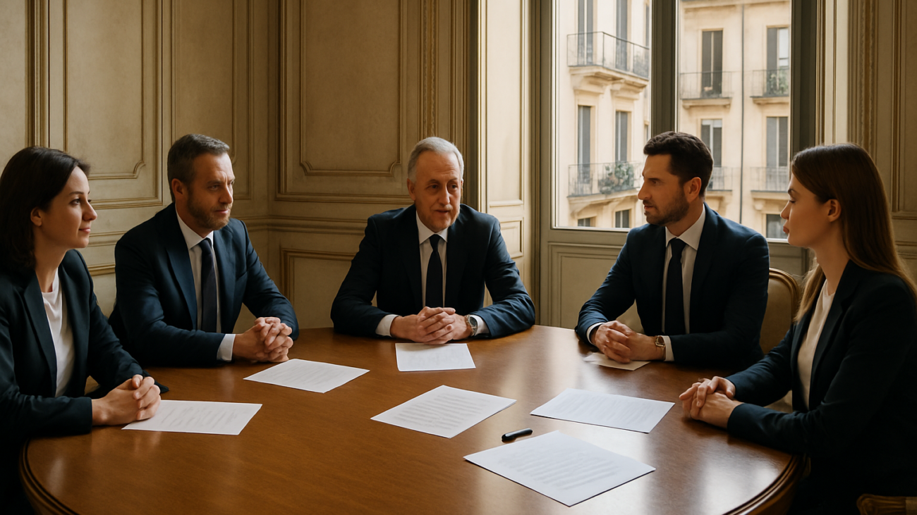 Assemblea condominiale in sala riunioni con documenti e verbale sul tavolo