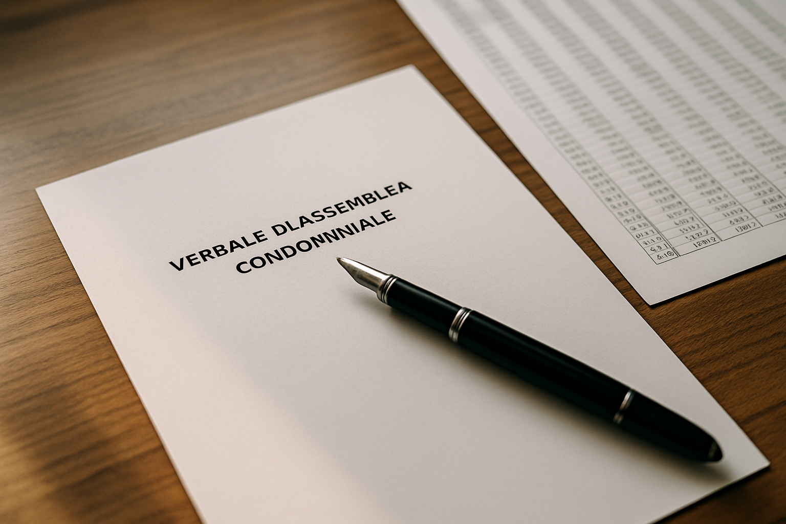 Verbale di assemblea condominiale con tabella millesimi su scrivania