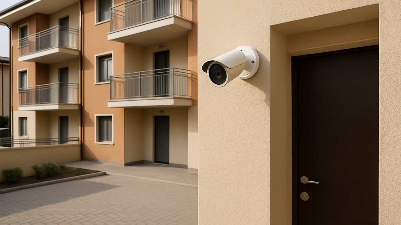 Telecamera di videosorveglianza installata all'esterno di un condominio italiano vicino a un'area comune