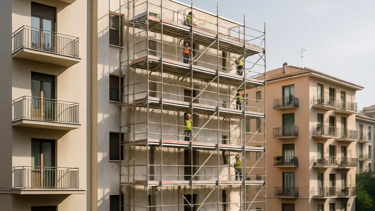 Facciata di condominio italiano con ponteggi per lavori straordinari e fondo speciale costituito