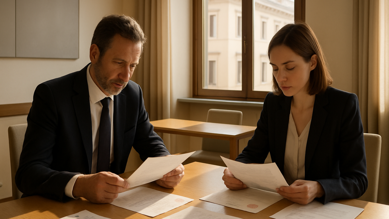 Riunione professionale per impugnazione di delibera condominiale con documenti ufficiali su tavolo