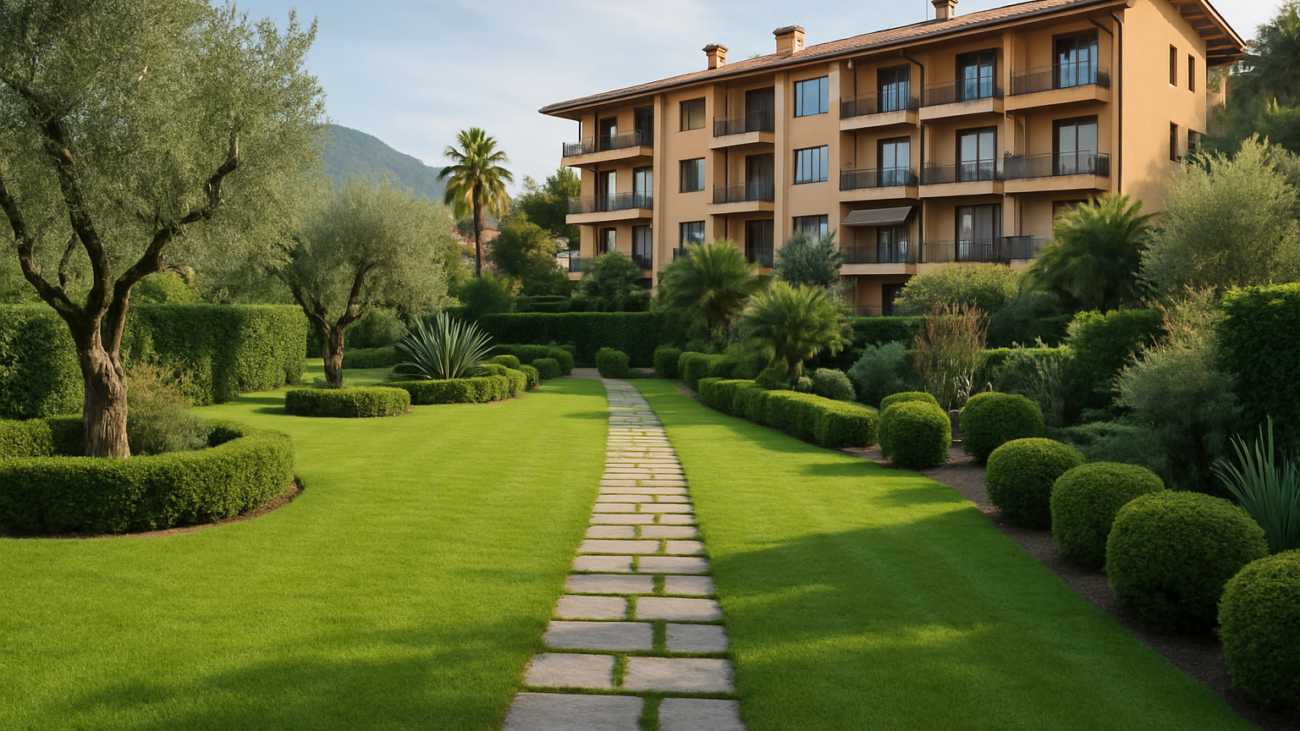 Giardino condominiale curato con prato verde e siepi potate in un condominio italiano