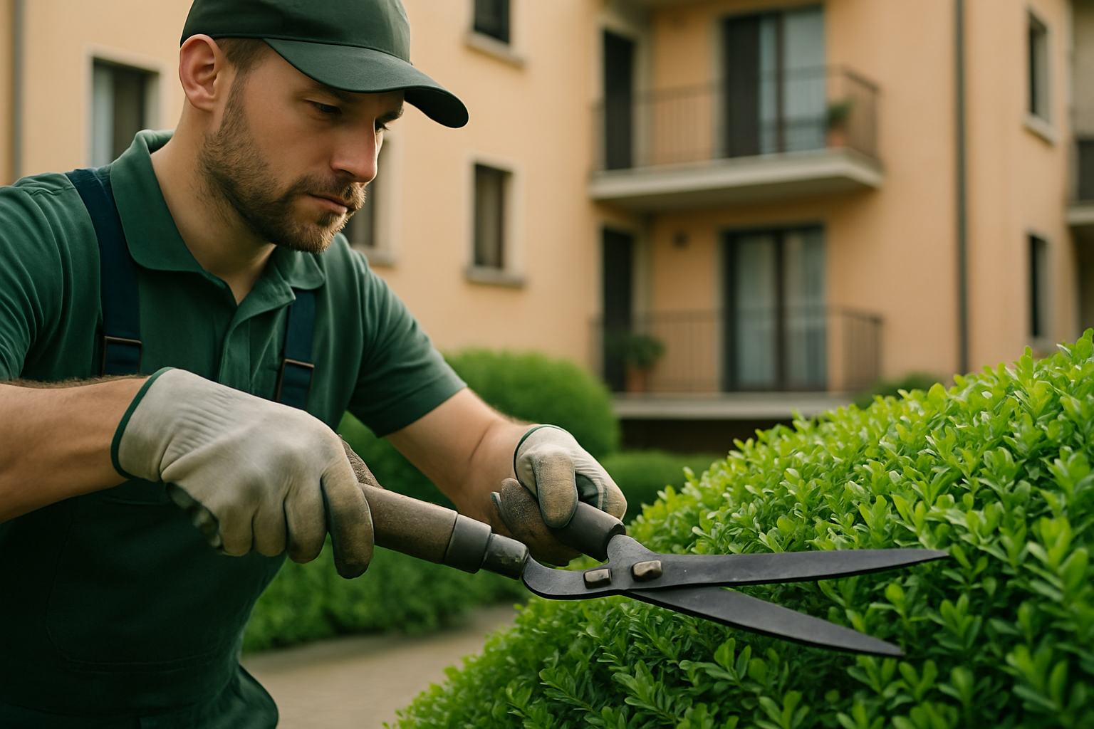 Giardiniere professionista che pota una siepe in un cortile condominiale