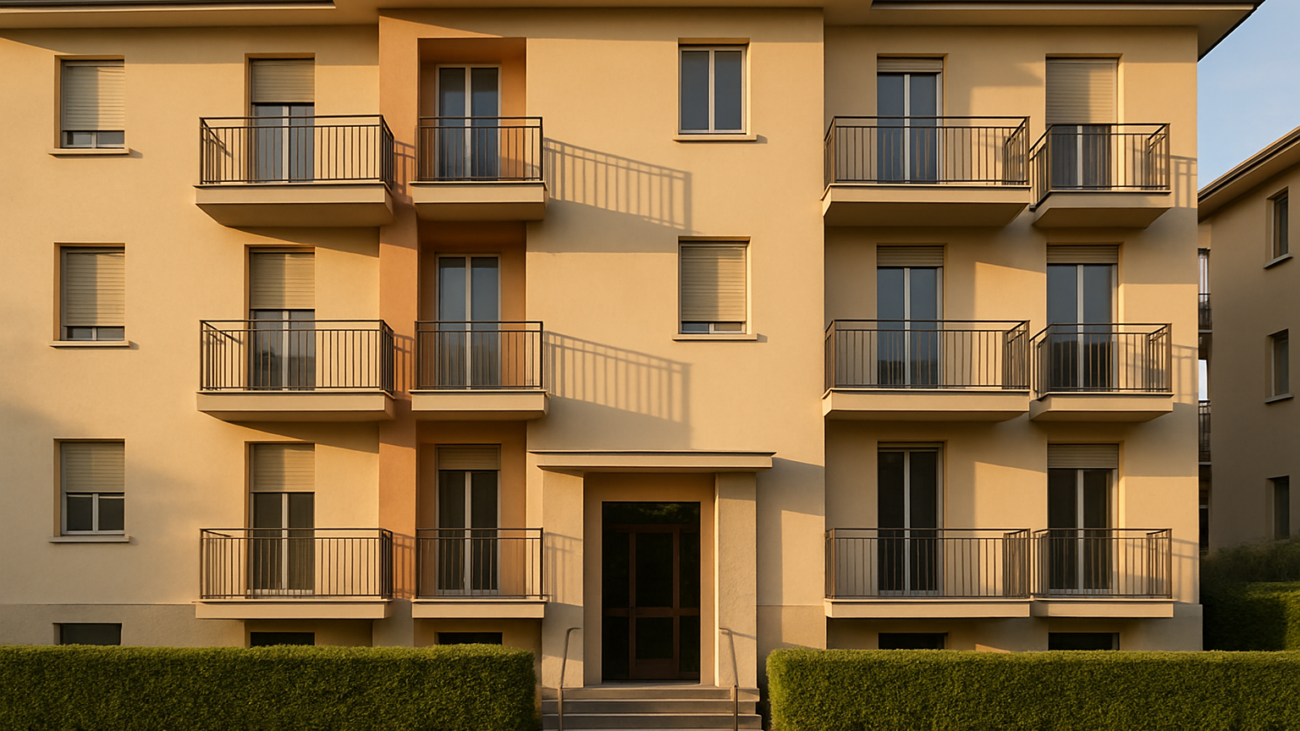 Facciata di un condominio italiano moderno con ingresso curato, rappresentativo delle spese condominiali ordinarie