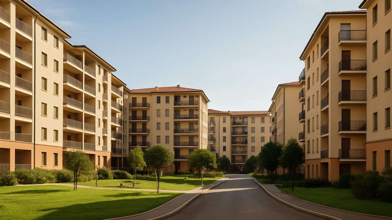 Complesso residenziale italiano con più edifici e parti comuni: esempio di supercondominio
